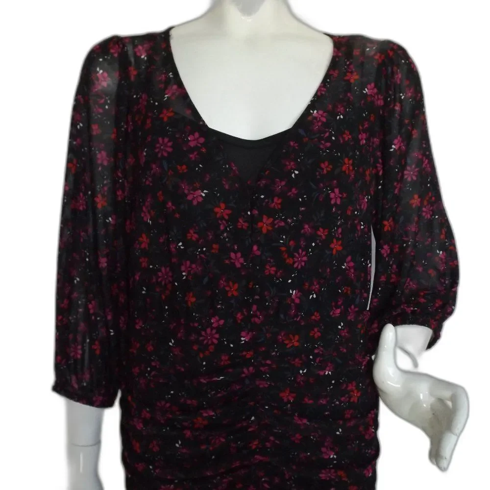 new TORRID Dress, 0/L, Black, Red/Purple Floral, Ruched Skirt, Scoop neck, Meshy - Picture 2 of 16